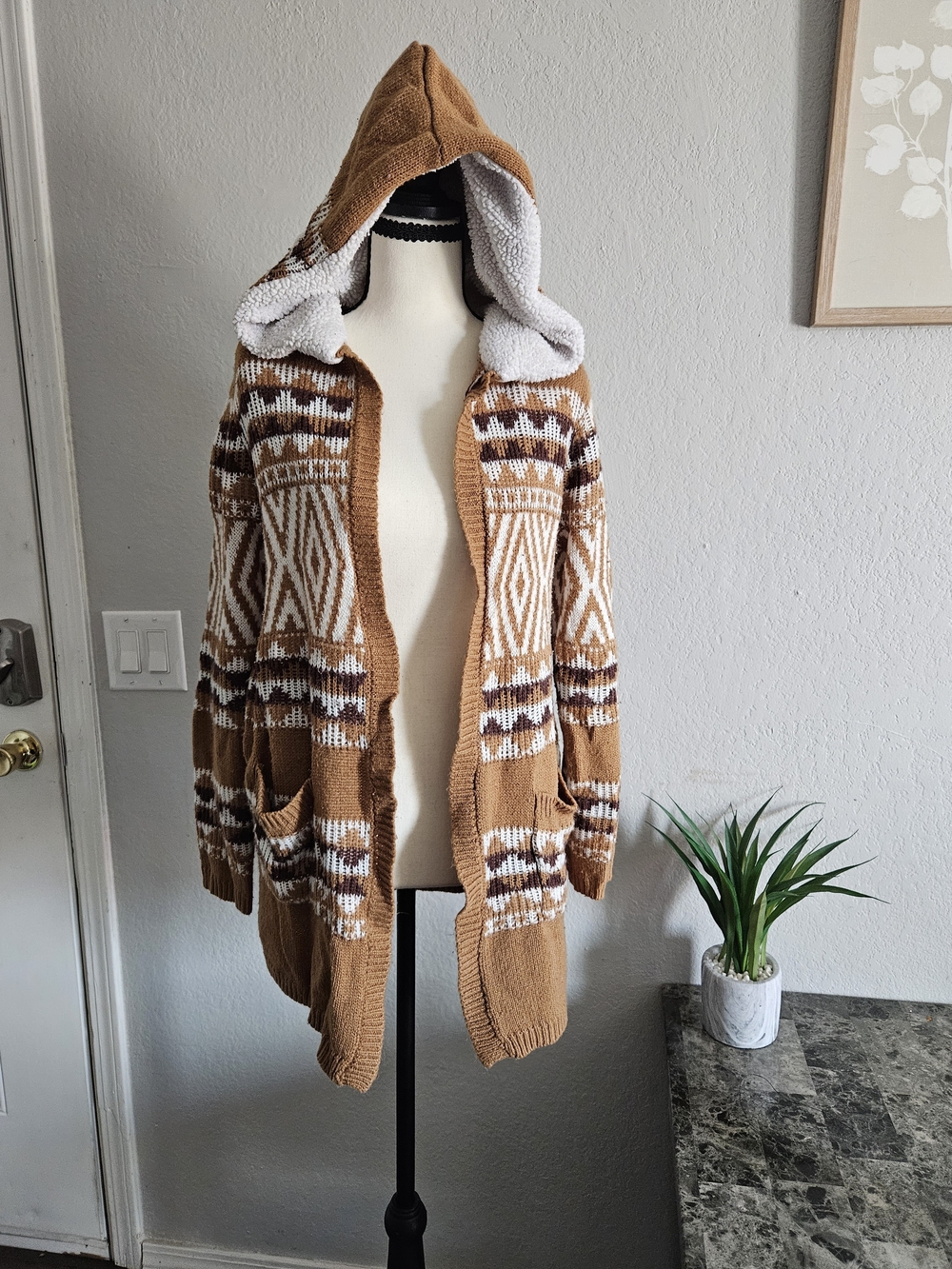 No Boundaries Hooded Aztec Knit Cardigan - Camel, White, Brown